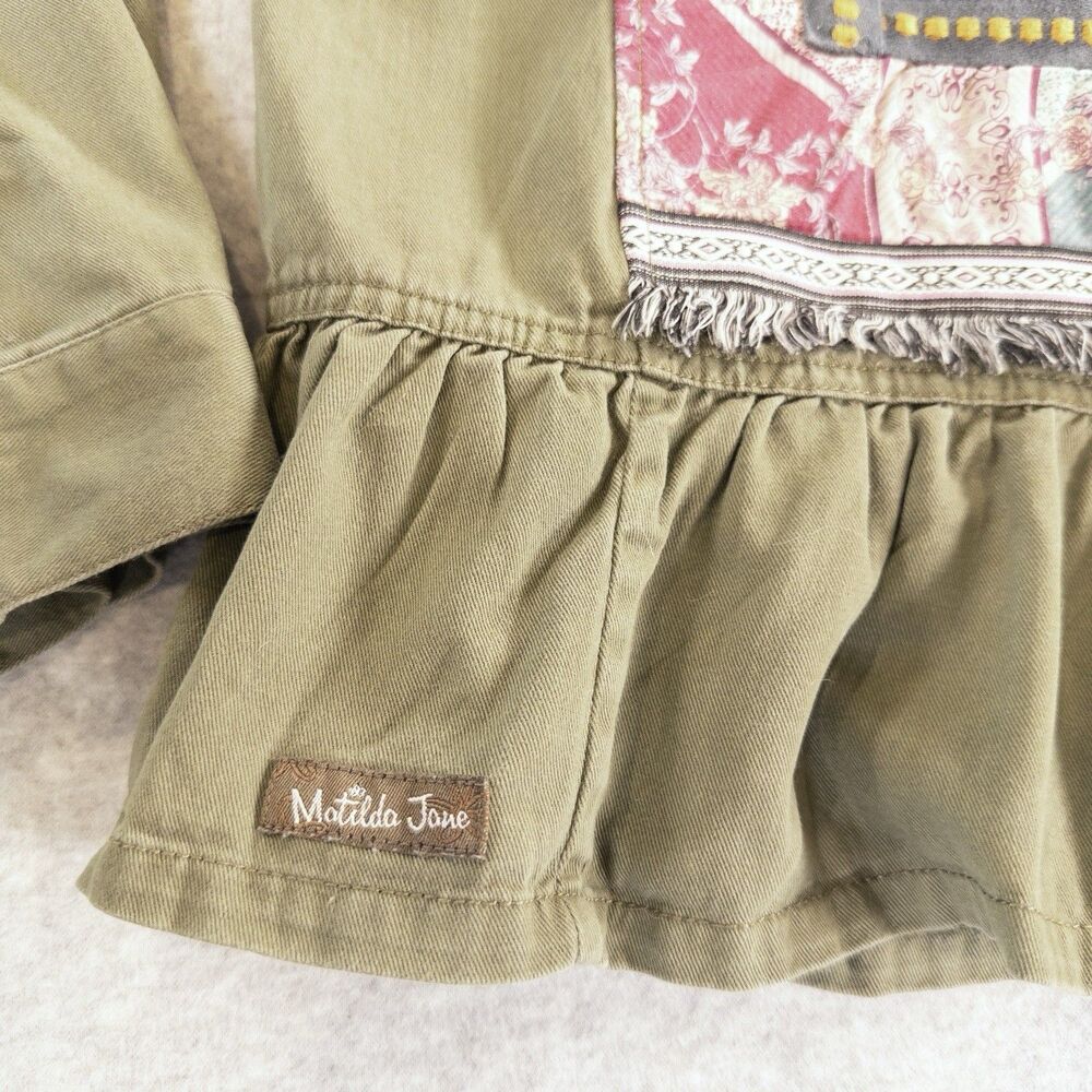 Matilda Jane Military Jacket Green Patchwork Ruffle Boho Peplum Fringe Shacket L - Picture 6 of 11